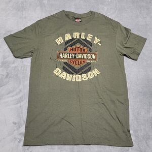 Denali Harley Davidson Wasilla Alaska Graphic Olive Green Tshirt Mens LargeNot